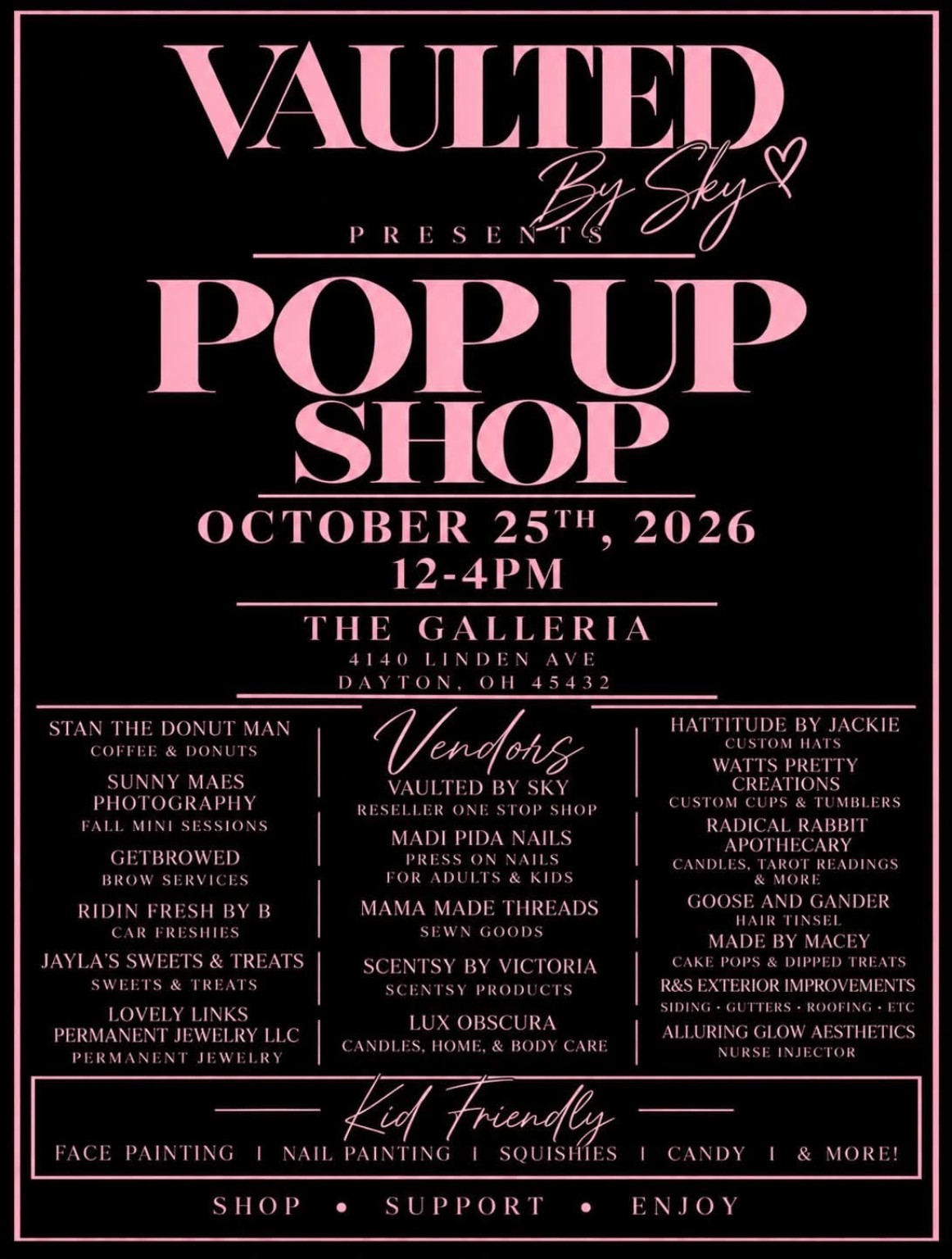Vaulted by Sky Pop-Up Shop flyer for October 25, 2026, noon to 4 PM at The Galleria in Dayton, featuring Lovely Links among local vendors